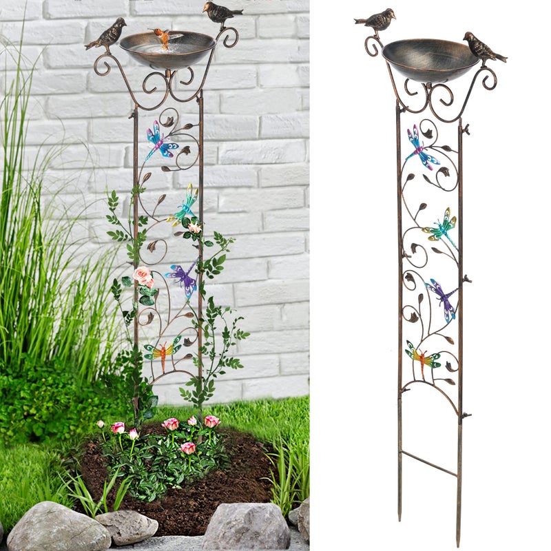 LEWIS&WAYNE LEWISWAYNE Garden Trellis Bird Bath Outdoor 40 Inch Antique Iron Garden Plant Trellis Decorative with Dragonfly and Detachable Drinking Basin Bowl Free Standing BirdBath Birdfeeder Station - Image 2