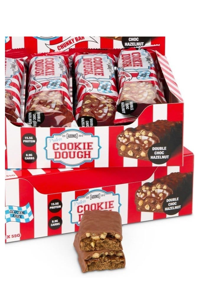 آدونیس بار بروتين الشوكولاتة المزدوجة بالبندق - 55 غ، قليل السكر، غني بالبروتين، خالٍ من الغلوتين، مناسب لحمية الكيتو، مع قطع شوكولاتة حقيقية، عبوة من 12 قطعة - Image 1