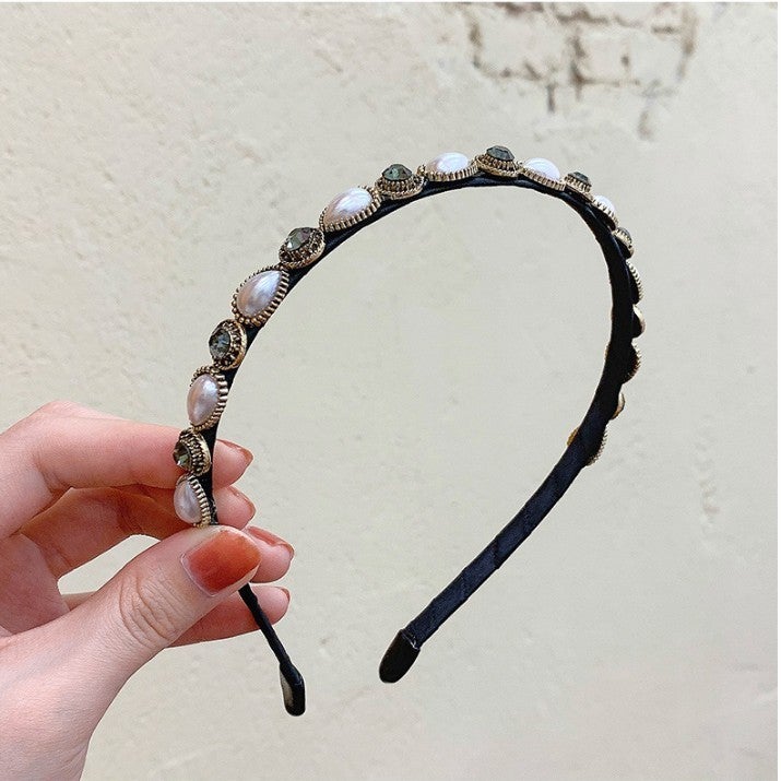 New Year Festive High Cranial Top Retro Red Hair Band Womens Korean Hair Accessories Internet Celebrity Pressed Hair Band Wide Edge Hair Card Headwear Water Drop Pearl Rhinestone Headband