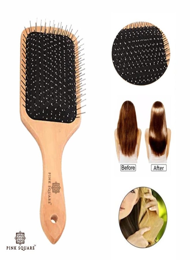 Pink Square Wooden Brush-Paddle Detangler Brush with nylon pins for Women/Men/Kids Massaging, Anti Static, Best for All Wet & Dry Hair Daily Use (Pack of 1) - Image 4