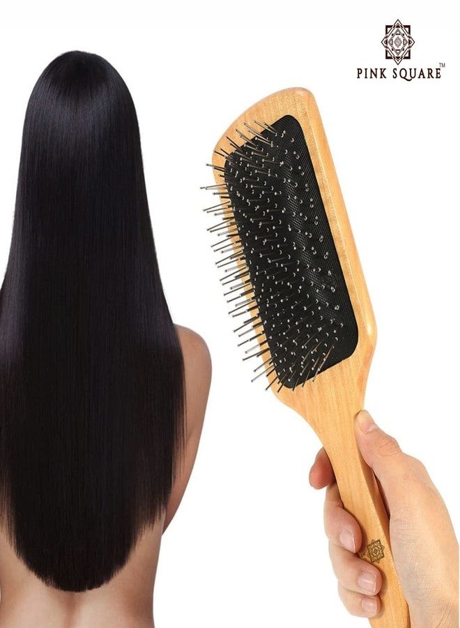 Pink Square Wooden Brush-Paddle Detangler Brush with nylon pins for Women/Men/Kids Massaging, Anti Static, Best for All Wet & Dry Hair Daily Use (Pack of 1) - Image 2