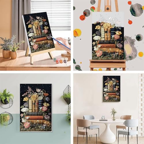 xackcme Book Paint by Numbers for Adults with Framed Canvas - with Wooden Easel, Flowers Paint by Number on Canvas, DIY Books Acrylic Oil Painting Kits with Brushes for Home Wall Decor (8x12 inch) - Image 3