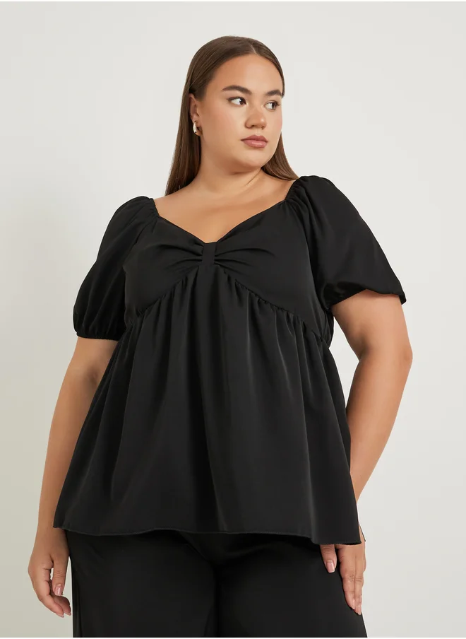 ستايلي Plus Size Solid Puff Sleeves Twist Front Top