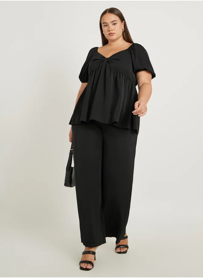 ستايلي Plus Size Solid Puff Sleeves Twist Front Top