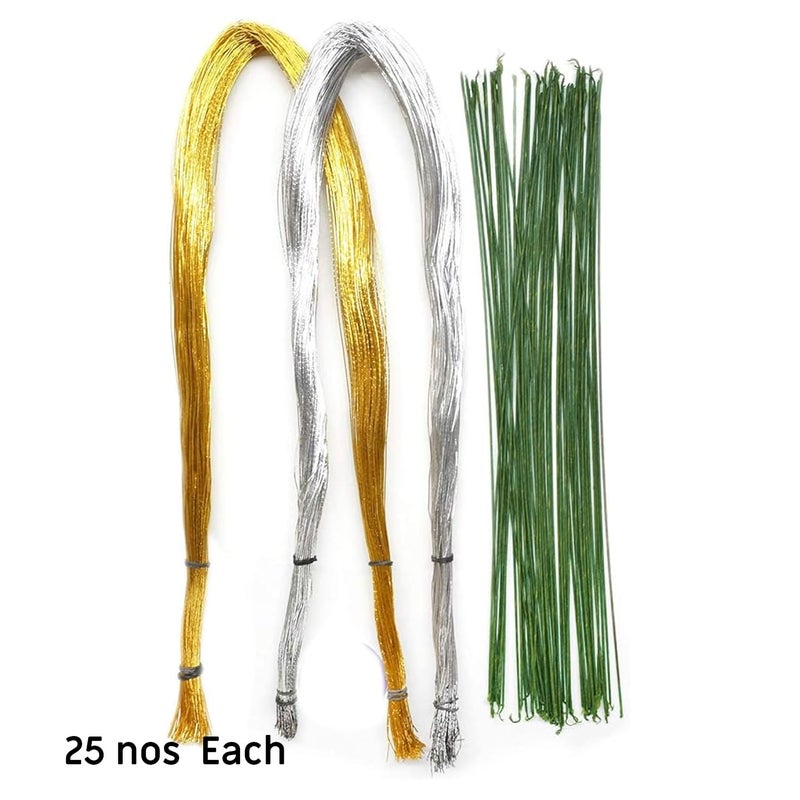 Artzone مجموعة أسلاك الساق الزهرية لصنع الزهور – ذهبية، فضية، خضراء (عبوة من 25 لكل منها) - Image 3