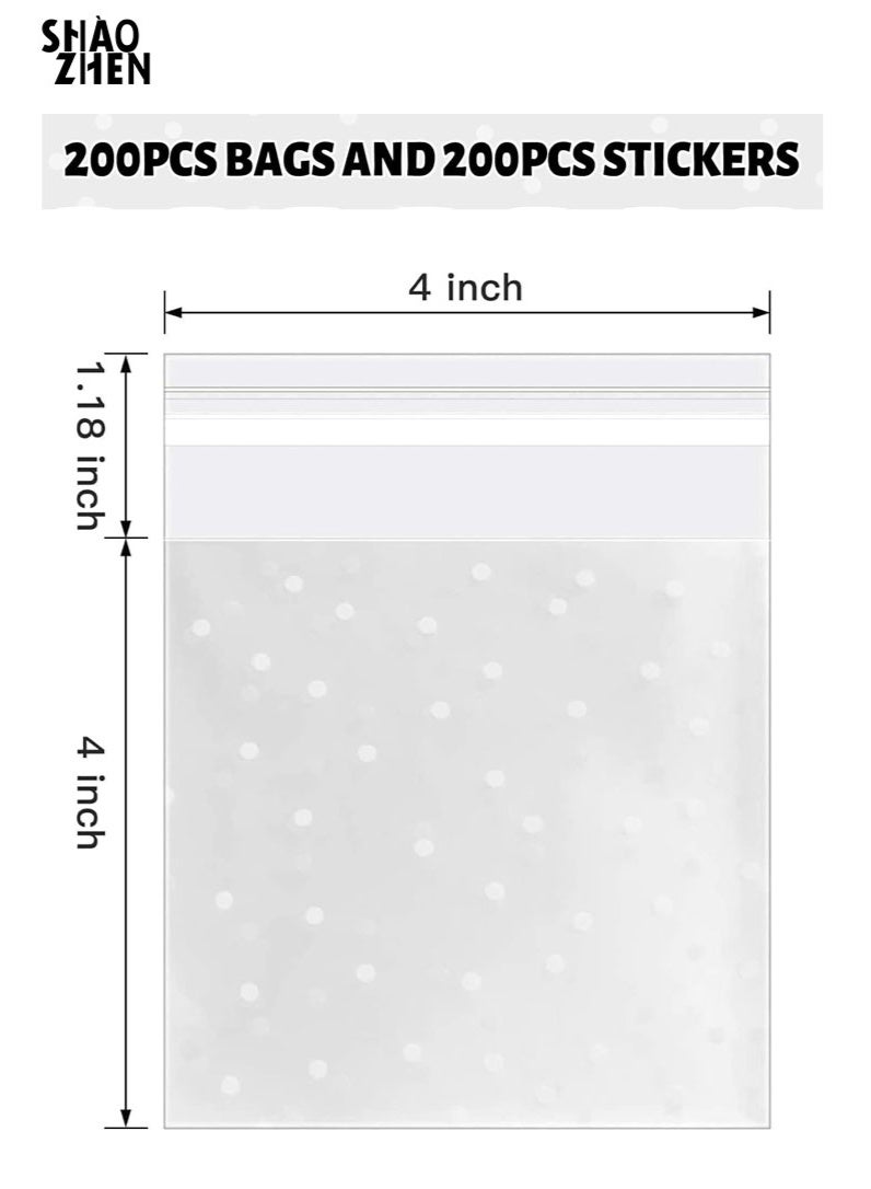 شاو تشن حزمة من 200 كيسًا من البلاستيك الشفاف اللاصق ذات الصقون (للماكaronي/البسكويت) لمناسبات الهدايا، وتغليف الحلوى والمعجنات، بنقاط بيضاء، مقاس 4×4 بوصة - Image 2