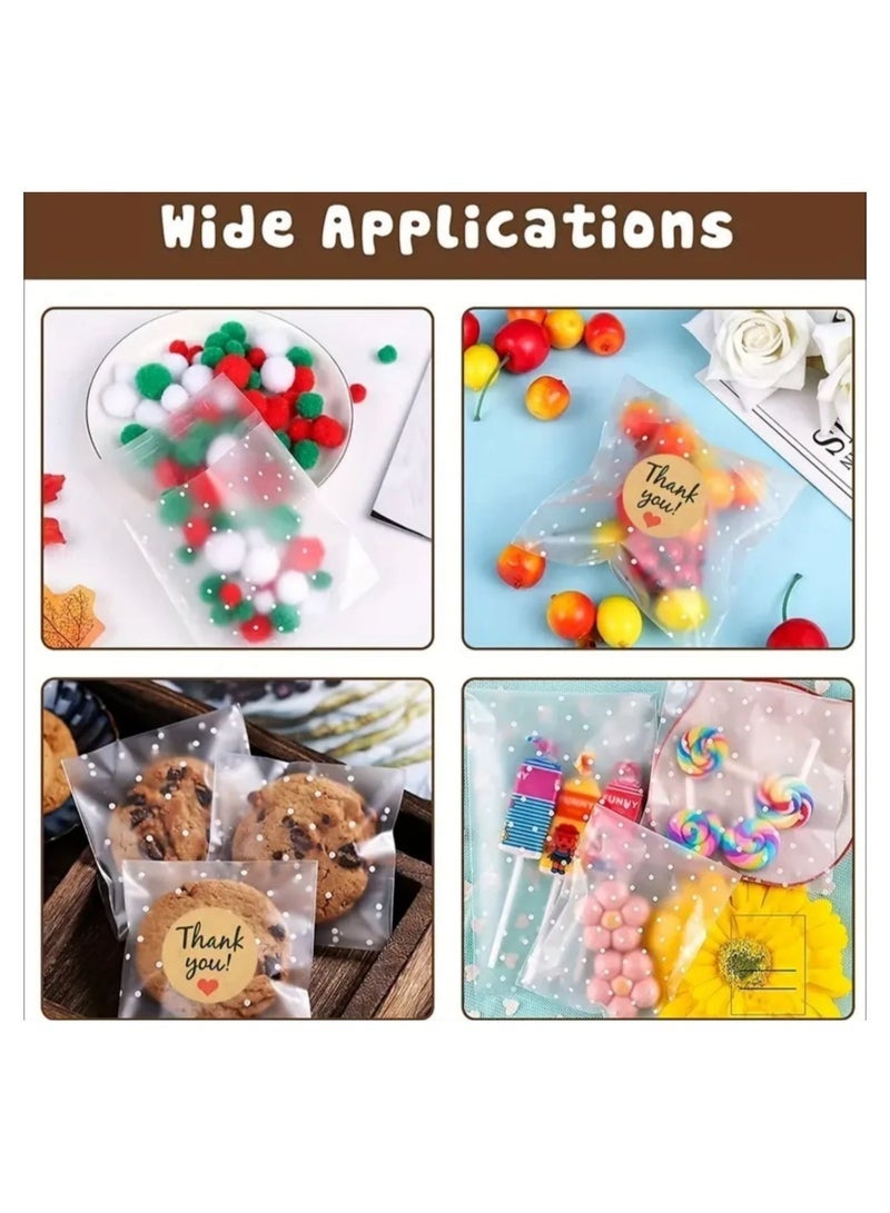شاو تشن حزمة من 200 كيسًا من البلاستيك الشفاف اللاصق ذات الصقون (للماكaronي/البسكويت) لمناسبات الهدايا، وتغليف الحلوى والمعجنات، بنقاط بيضاء، مقاس 4×4 بوصة - Image 4
