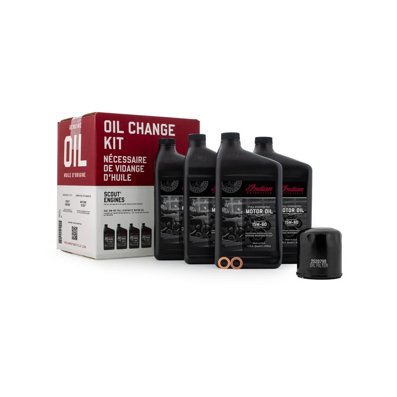 Indian Motorcycle Oil Change Kit for All 60 & 69 Cu In Liquid-Cooled Scout Engines  4 Quarts 15W-60 Full Synthetic Oil  1 Oil Filter  2 Washers  Clutch Performance  Engine Protection - 2880191 - Image 1