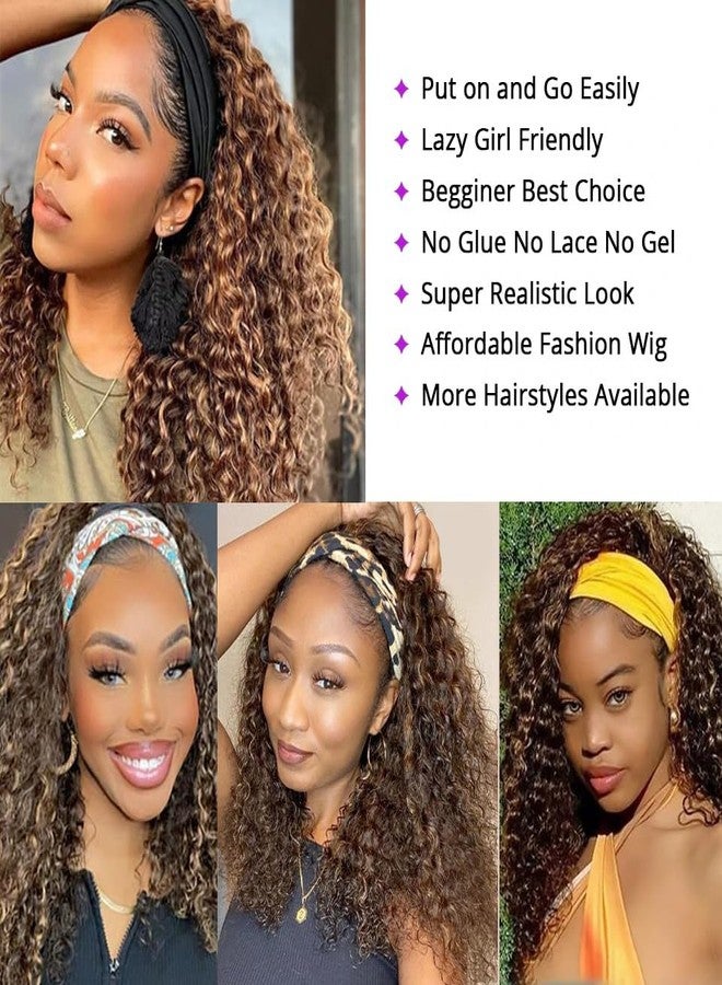 XSY Headband Wig Human Hair Highlight Ombre Curly 20 Inch Headband Wigs for Women Human Hair Glueless None Lace Front Brazilian Virgin Hair Wear Go 150% Density - Image 5