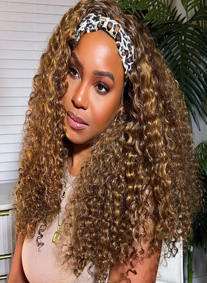 XSY Headband Wig Human Hair Highlight Ombre Curly 20 Inch Headband Wigs for Women Human Hair Glueless None Lace Front Brazilian Virgin Hair Wear Go 150% Density - Image 1