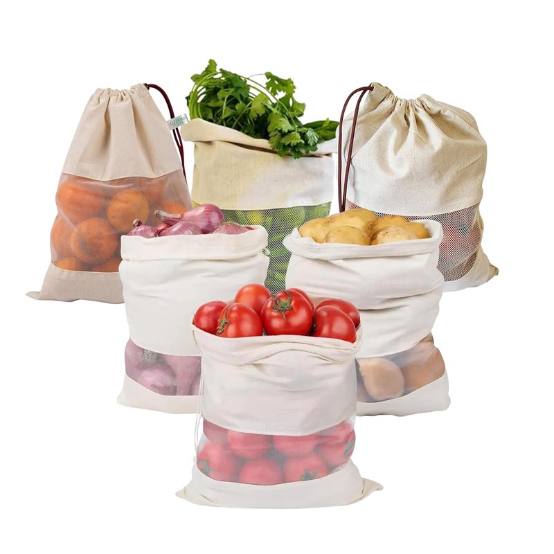 JUNERUSH Cotton Vegetable Bags for Fridge Storage | Mesh Bag for Vegetables | Drawstring Storage Bag for Refrigerator | Cotton Kitchen Storage Bag | Food Storage Bag for Sabji (Pack of 5) - Image 1