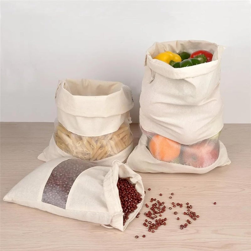 JUNERUSH Cotton Vegetable Bags for Fridge Storage | Mesh Bag for Vegetables | Drawstring Storage Bag for Refrigerator | Cotton Kitchen Storage Bag | Food Storage Bag for Sabji (Pack of 5) - Image 3