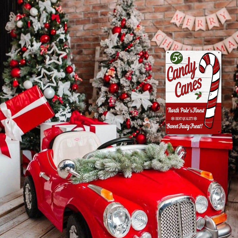sebiuo Christmas Tin Sign Candy Cane Wall Decor Vintage Christmas Metal Signs Candy Canes Decorations Wall Sign Christmas Room Decor Gifts 8x12 Inch - Image 5