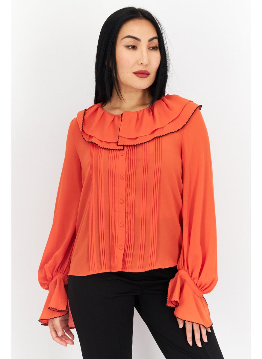 Women Frill Collar Long Sleeves Plain Shirt, Orange - pzsku/Z6157A710E014AB02E48CZ/45/_/1737642218/bd5becdf-7b06-44a6-8aeb-10704983689e