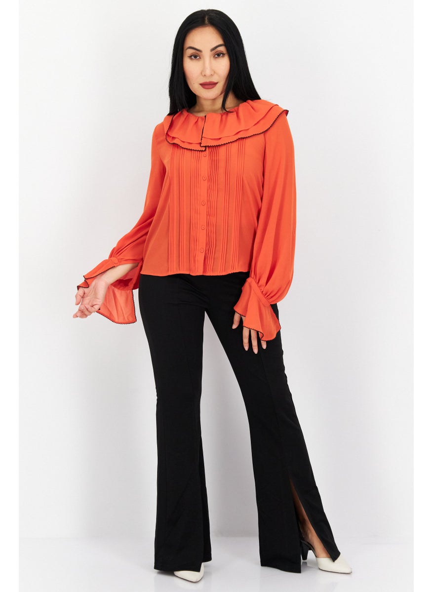 Women Frill Collar Long Sleeves Plain Shirt, Orange - pzsku/Z6157A710E014AB02E48CZ/45/_/1737642221/31a90b3b-1493-447c-a26f-4ab8e4447e9b