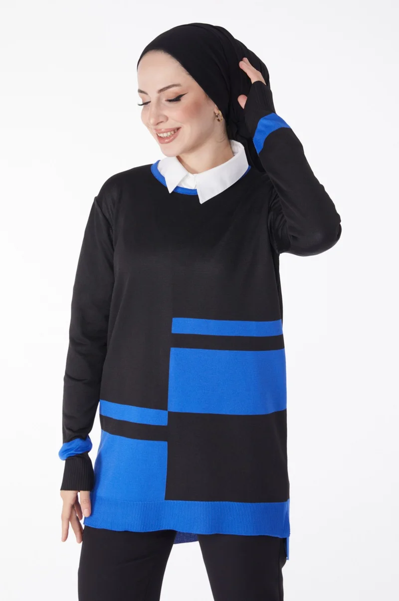 Tofisa Plain Crew Neck Women's Blue Piece Knitwear Tunic - 25239