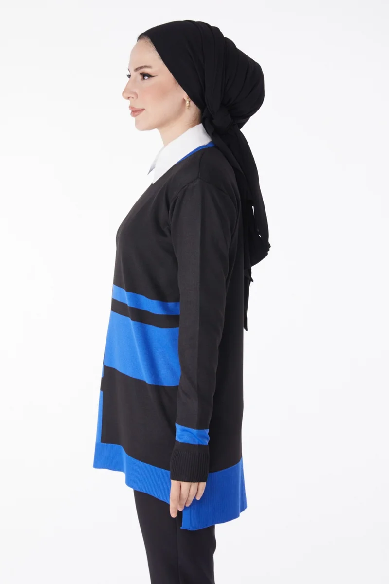 Tofisa Plain Crew Neck Women's Blue Piece Knitwear Tunic - 25239