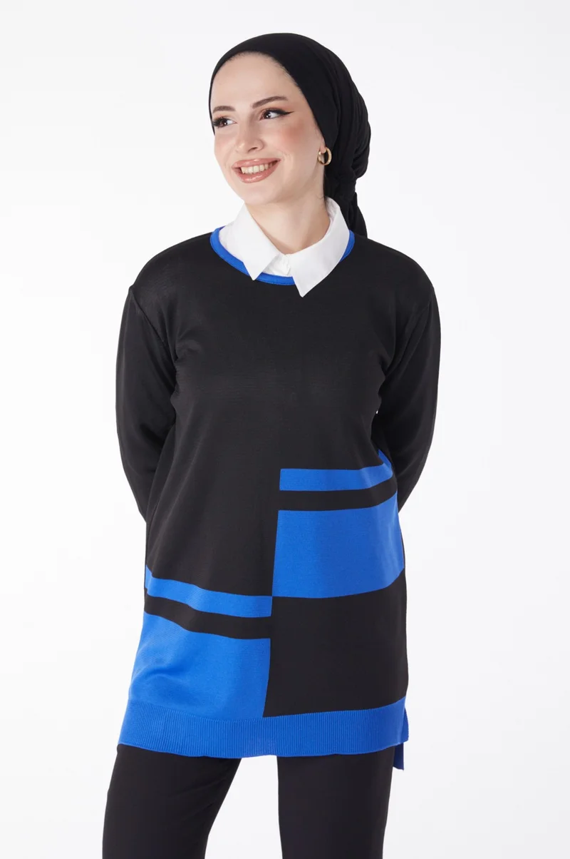Tofisa Plain Crew Neck Women's Blue Piece Knitwear Tunic - 25239