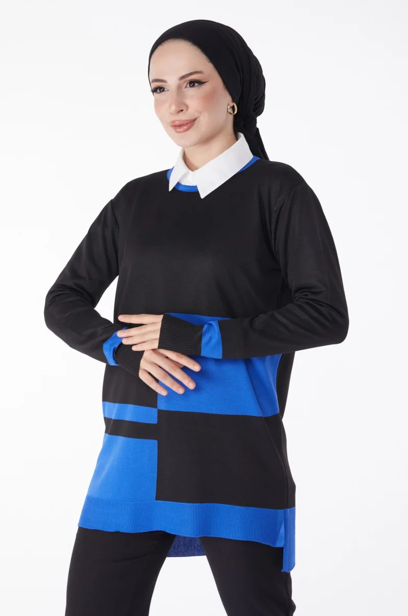 Tofisa Plain Crew Neck Women's Blue Piece Knitwear Tunic - 25239