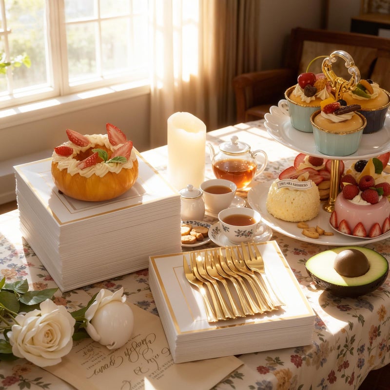 WDF 200PCS Gold Plastic Dessert Plates with Plastic Forks -6â€ 100 Square Disposable Appetizer Plates Small Plate Cake Plate &100 Gold Small Appetizer Forks for Daily Using Thanksgiving - Image 2