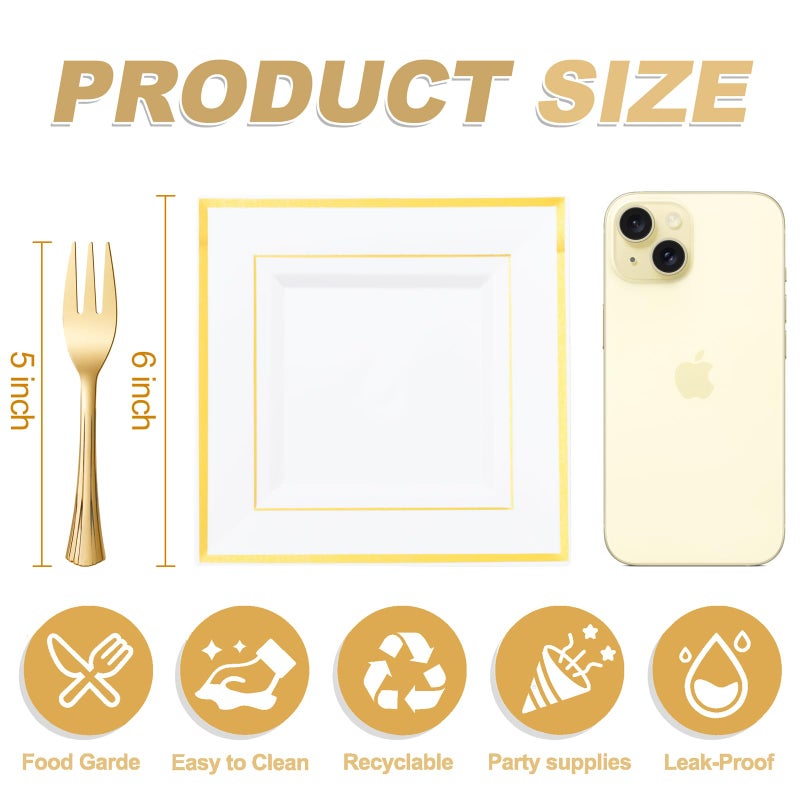 WDF 200PCS Gold Plastic Dessert Plates with Plastic Forks -6â€ 100 Square Disposable Appetizer Plates Small Plate Cake Plate &100 Gold Small Appetizer Forks for Daily Using Thanksgiving - Image 5