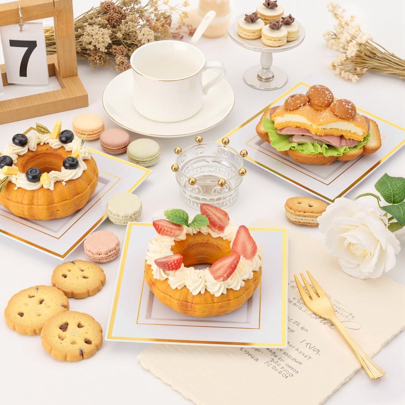 WDF 200PCS Gold Plastic Dessert Plates with Plastic Forks -6â€ 100 Square Disposable Appetizer Plates Small Plate Cake Plate &100 Gold Small Appetizer Forks for Daily Using Thanksgiving - Image 3
