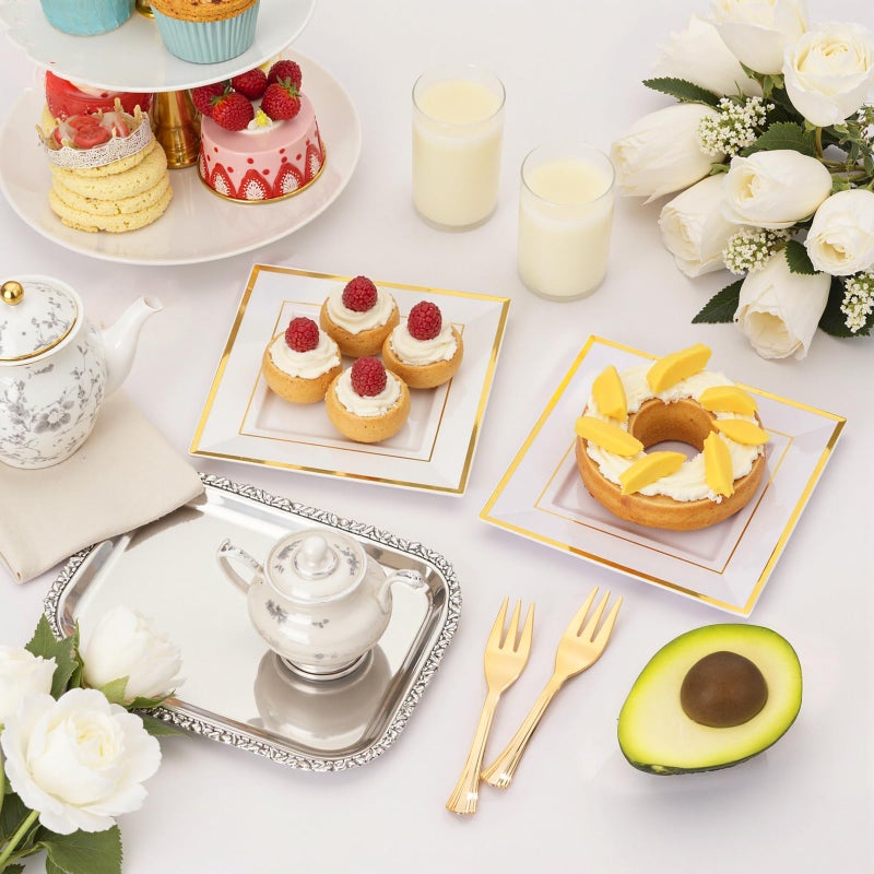 WDF 200PCS Gold Plastic Dessert Plates with Plastic Forks -6â€ 100 Square Disposable Appetizer Plates Small Plate Cake Plate &100 Gold Small Appetizer Forks for Daily Using Thanksgiving - Image 4