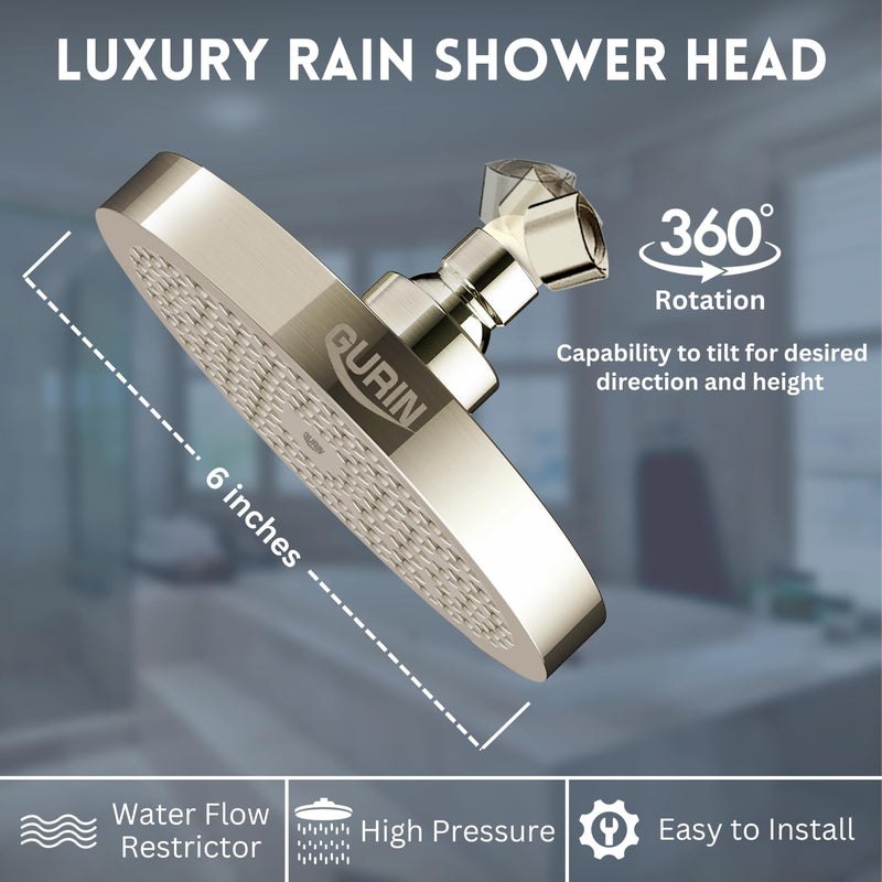 Gurin Shower Head High Pressure Rain  Luxury Bathroom Showerhead With Brushed Nickel Plated Finish  Adjustable Angles  Anti-Clogging Silicone Nozzles - Image 5