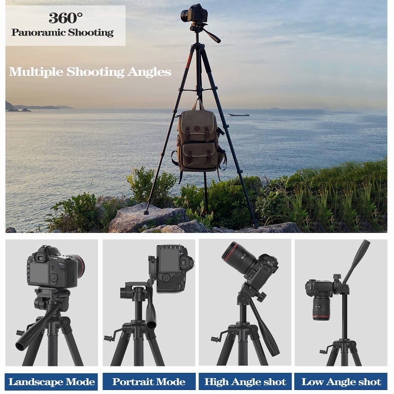 Kingjoy حامل كاميرا كينج جوي 75" لكاميرات كانون ونيكون DSLR خفيف الوزن من الألمنيوم مع حقيبة حمل وحامل هاتف عالمي وجهاز تحكم عن بعد لاسلكي أقصى تحميل 11 رطل أسود - Image 2