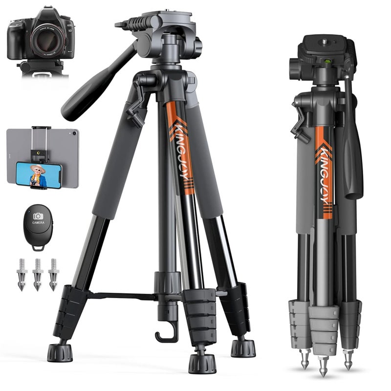Kingjoy حامل كاميرا كينج جوي 75" لكاميرات كانون ونيكون DSLR خفيف الوزن من الألمنيوم مع حقيبة حمل وحامل هاتف عالمي وجهاز تحكم عن بعد لاسلكي أقصى تحميل 11 رطل أسود - Image 1