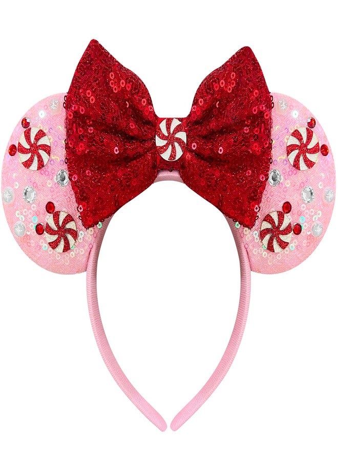 Bmobuo Christams Mouse Ears Headband for Women, Red Bows Spiral Beads Pink Hairband Christams Party Favors