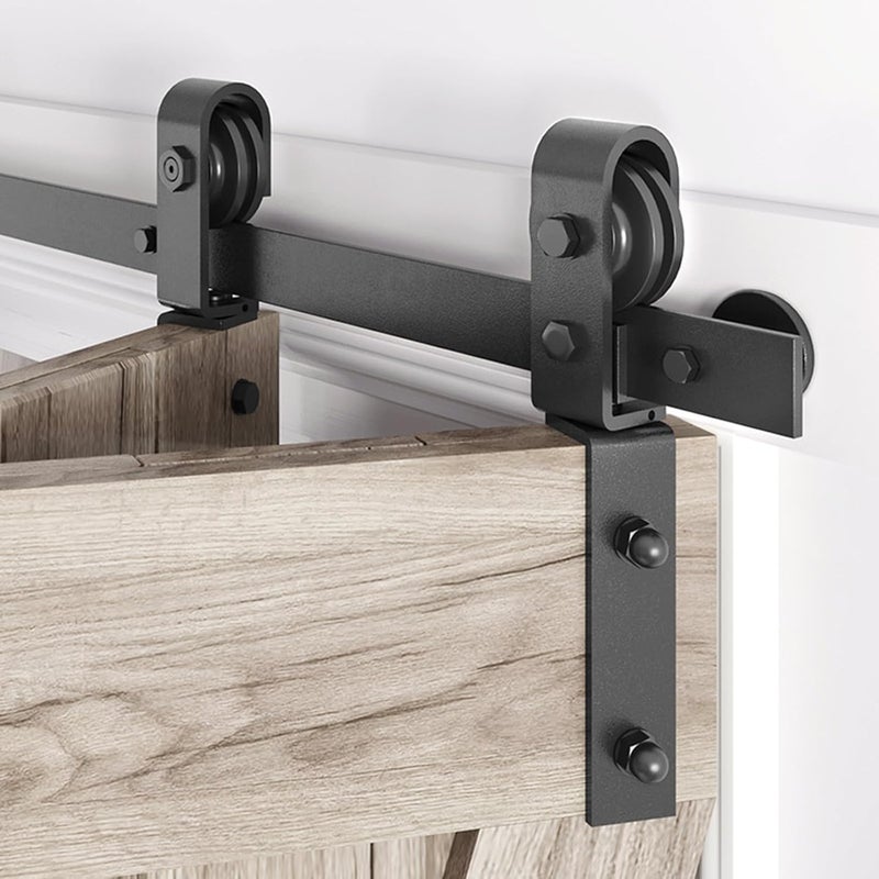 ROYMELO 28" Bifold Sliding Barn Door Hardware Track Kit,Side Mounted Black J Shape Roller,Smoothly and Quietly,Assembly Easy,Fit Double 12" Bi-Folding Doors (Door Not Included) - Image 1