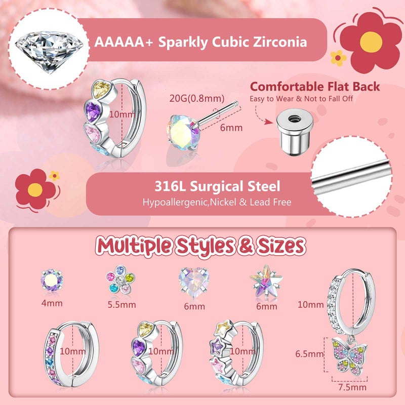 Jstyle Hypoallergenic Earrings for Girls Women Surgical Stainless Steel Hoop Earring for Sensitive Ears Screw Back Stud Earring Set Cute Teen Girls Toddler Kids Earrings Multicolored Tone - Image 5