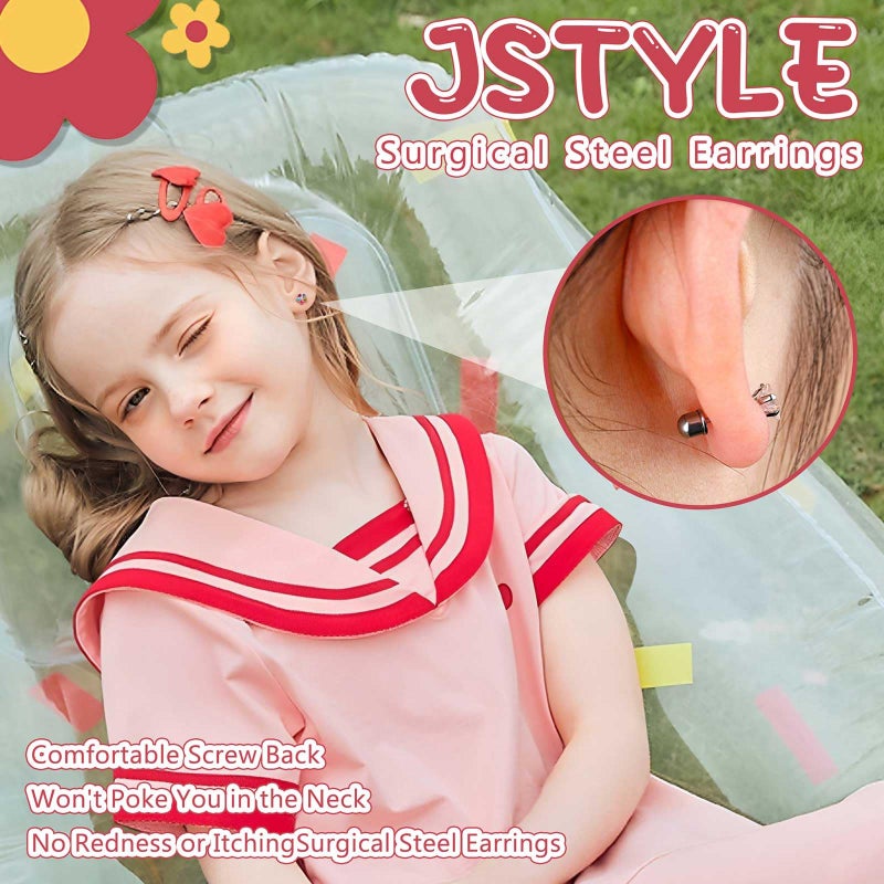 Jstyle Hypoallergenic Earrings for Girls Women Surgical Stainless Steel Hoop Earring for Sensitive Ears Screw Back Stud Earring Set Cute Teen Girls Toddler Kids Earrings Multicolored Tone - Image 4