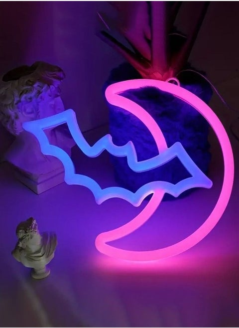 Neon Signs Moon & Bat Shaped LED Neon Lights For Wall Decor Battery or USB Operated Night Lights For Kids Game Room Decor