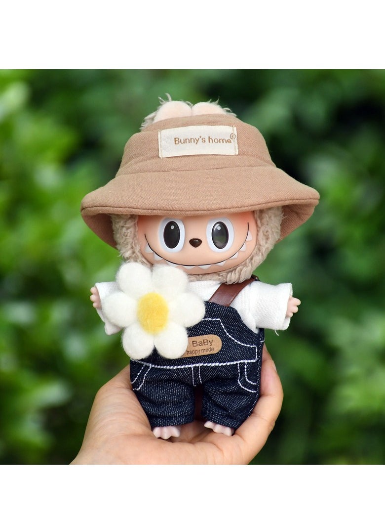 General 17cm pendant labubu cloth for clothes vinyl doll labubu keychain clothing baby clothes haruno overalls two-piece set + small flowers + hat 