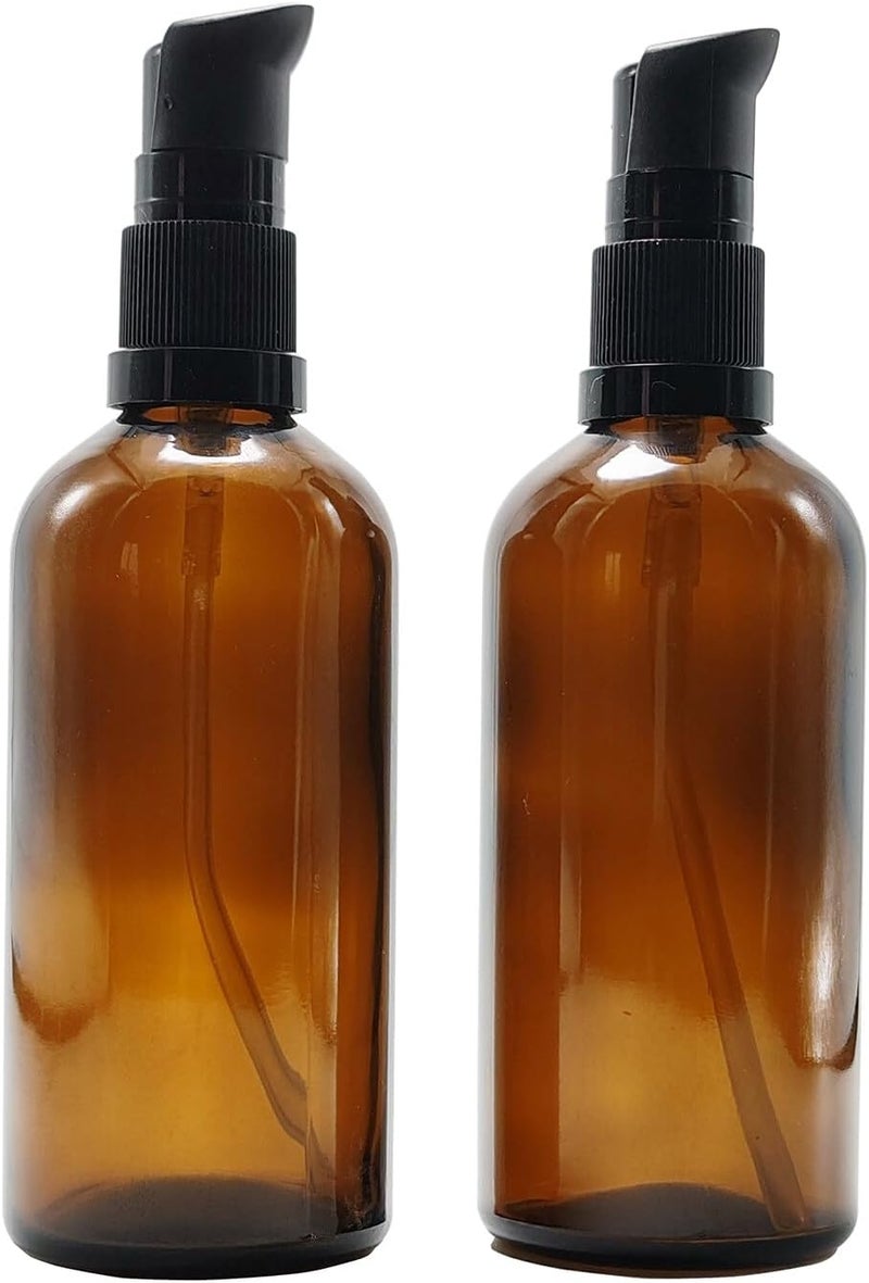 2 Pcs 100ml 3.4oz Amber Glass Travel Bottles with Black Lotion Pumps Leakproof Pump Press Bottles Lotion Dispenser Soap Dispenser Cream Cosmetics Bottle Containers Jar for Toiletries