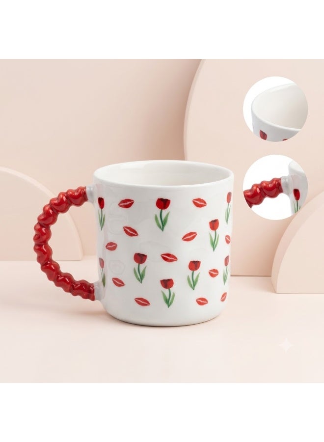 White Ceramic Coffee and Tea Mug with Red Tulip Flower and Lips Print and Red Bubble Beaded Handle - Single Piece Mug for Home and Office - Image 2