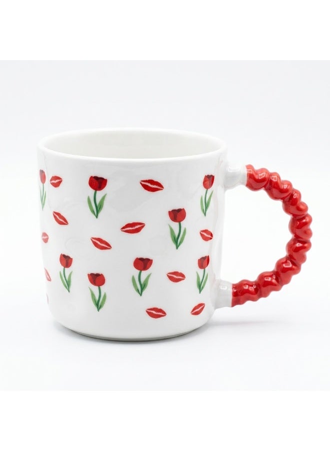 White Ceramic Coffee and Tea Mug with Red Tulip Flower and Lips Print and Red Bubble Beaded Handle - Single Piece Mug for Home and Office - Image 1