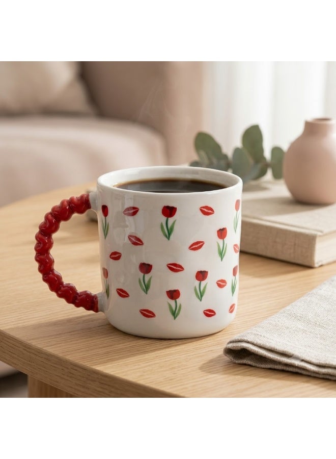 White Ceramic Coffee and Tea Mug with Red Tulip Flower and Lips Print and Red Bubble Beaded Handle - Single Piece Mug for Home and Office - Image 3