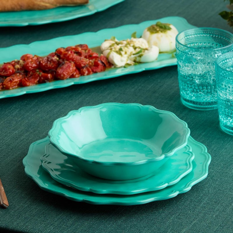 Certified International Isabella Teal 12Piece Melamine Dinnerware Set for 4  Vibrant Crackle Glaze Plates  Bowls with Scalloped Edges Durable Lightweight Dishwasher Safe for Everyday and Outdoor Dining - Image 1