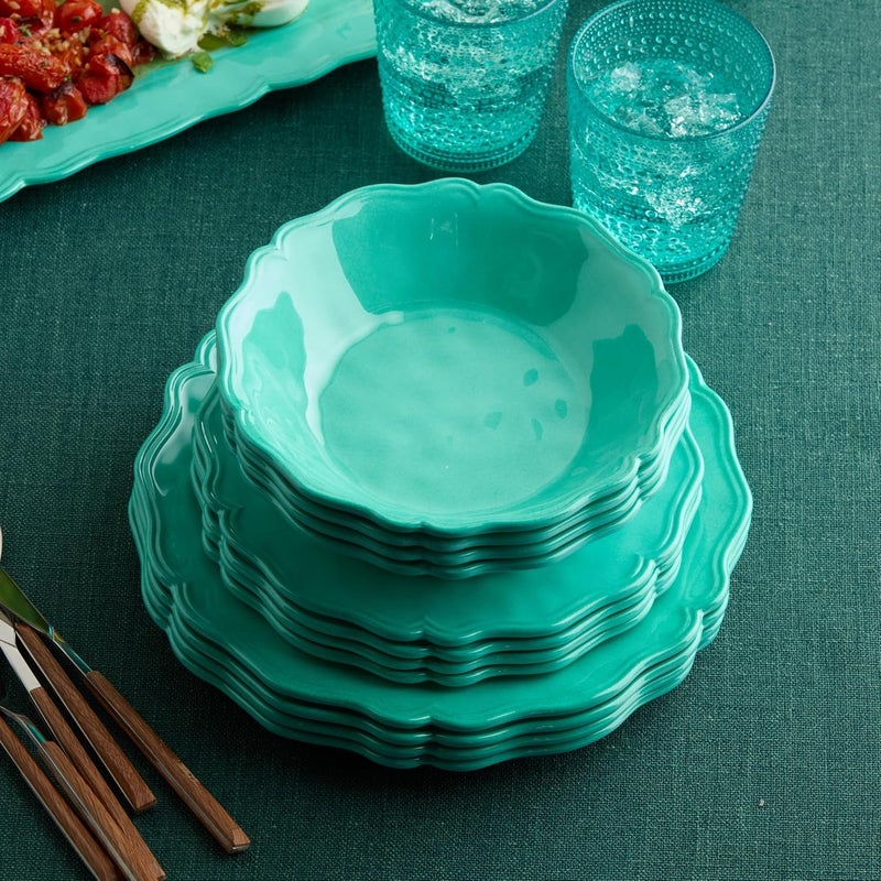 Certified International Isabella Teal 12Piece Melamine Dinnerware Set for 4  Vibrant Crackle Glaze Plates  Bowls with Scalloped Edges Durable Lightweight Dishwasher Safe for Everyday and Outdoor Dining - Image 2