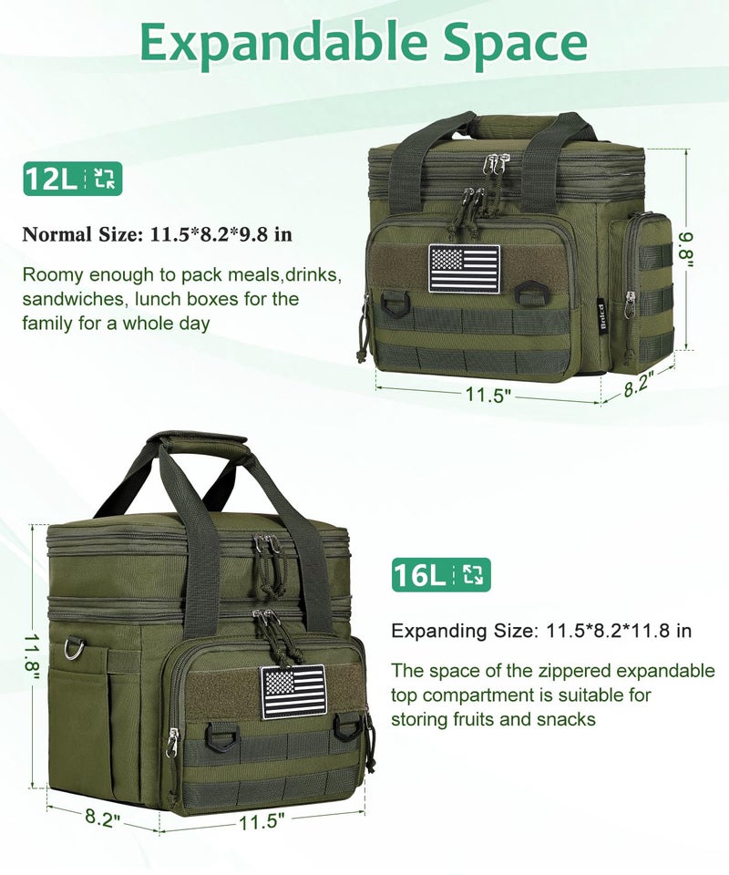 Bnlcd Tactical Lunch Box for Men, Expandable Large Insulated Lunch Bag for Adult, Heavy Duty Double Deck Lunch Cooler Bag with Shoulder Strap, Leakproof Soft Lunch Pail with American Flag - Green - Image 3