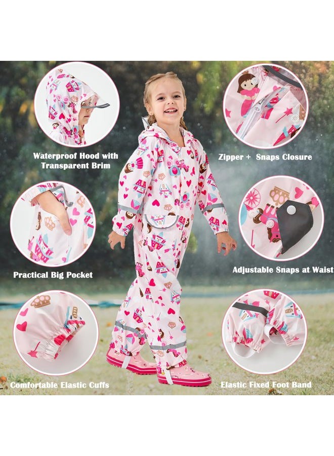 Fewlby Kids Toddler Rain Suit for Boys Girls One Piece Hoodie Zipper Cartoon Waterproof Coverall Rain Jacket 1-3 Years S Size - Image 2