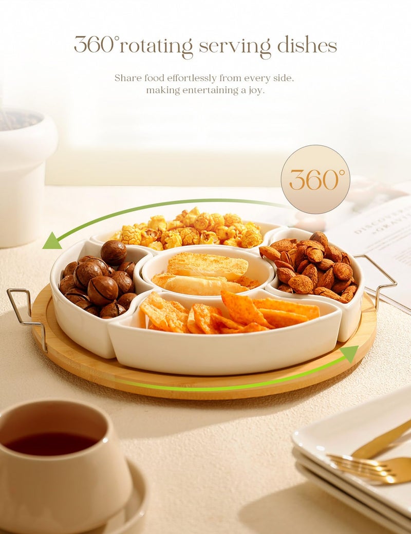 AISBUGUR Ceramic Divided Serving Dishes with Bamboo Tray,360° Rotatable Serving Bowls with Handles for Party,5 Removable Relish Tray,11.2 Inch Appetizer Serving Dish for Chips & Dip, Veggies, Candy & Snacks - Image 2