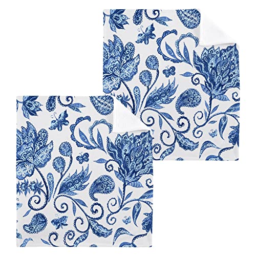 WELLDAY Blue White Floral Washcloths, 2 Pack 12 X 12 Inches Cotton Wash Cloths, Highly Absorbent and Soft Face Towels for Bathroom,Gym,Hotel and Spa - Image 1
