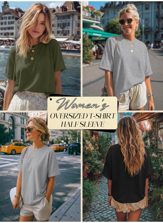 Riyiper 3 Pack Women's Oversized T-Shirt Half Sleeve Summer Tees Casual Loose Fit Crew Neck Basic Tops, Army Green, Light Mixed Gray, Black, L - Image 2