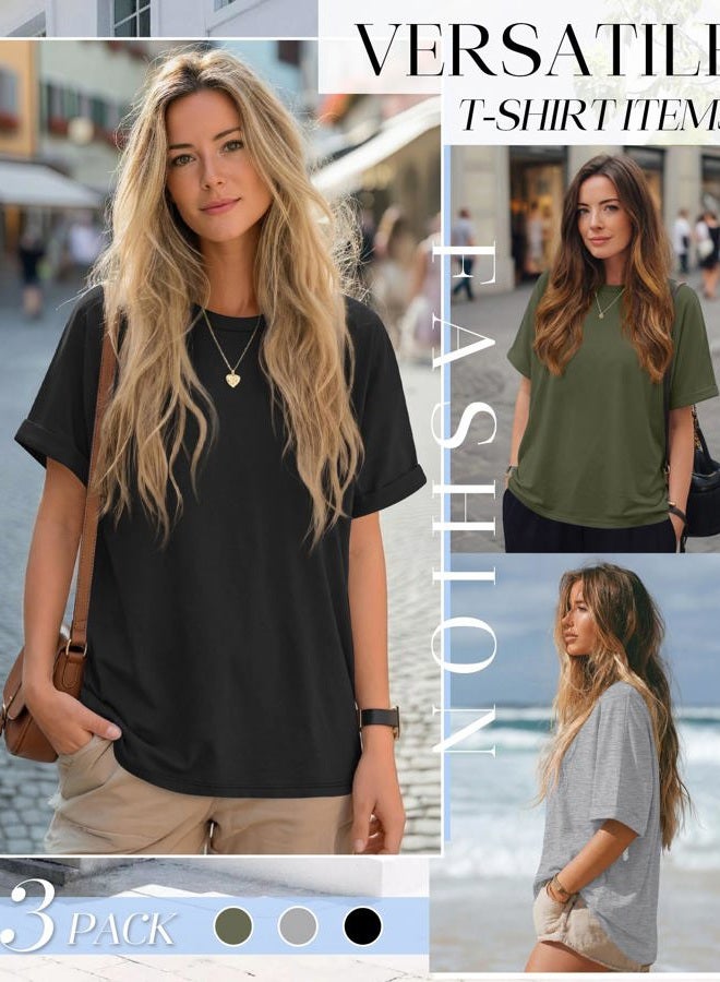 Riyiper 3 Pack Women's Oversized T-Shirt Half Sleeve Summer Tees Casual Loose Fit Crew Neck Basic Tops, Army Green, Light Mixed Gray, Black, L - Image 5
