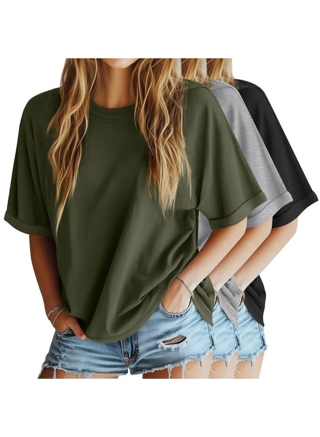 Riyiper 3 Pack Women's Oversized T-Shirt Half Sleeve Summer Tees Casual Loose Fit Crew Neck Basic Tops, Army Green, Light Mixed Gray, Black, L - Image 1