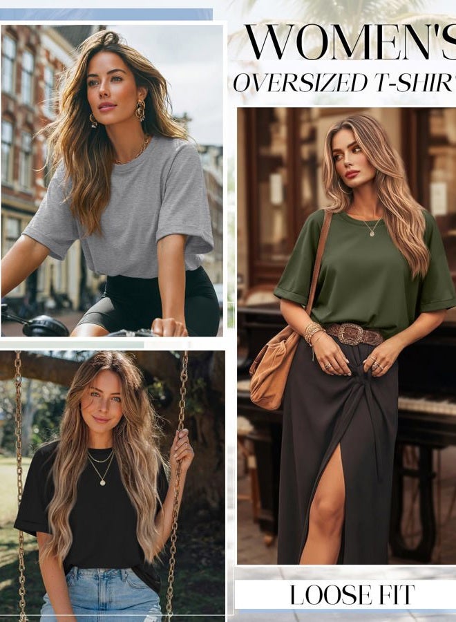 Riyiper 3 Pack Women's Oversized T-Shirt Half Sleeve Summer Tees Casual Loose Fit Crew Neck Basic Tops, Army Green, Light Mixed Gray, Black, L - Image 3
